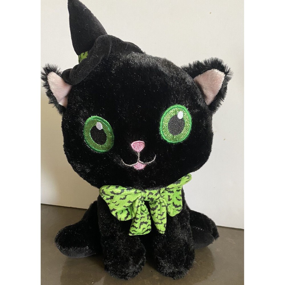 Kellytoy Plush Halloween Witch Cat Green Eyes Hat Bow Stuffed Animal Black Kitty